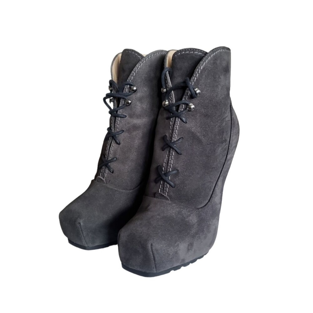 Proenza Schouler Gray Suede Leather Lace-Up Booties, Size 37.5 (IT) 7 (US)